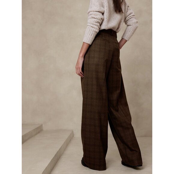 Banana Republic Vasto Wide-Leg Italian Wool Pant Plaid Brown Business Preppy 0 - Picture 3 of 14